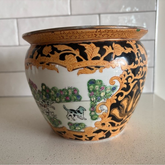 Large 19th Century Chinese Familie Rose Jardinere Planter Hunting Qianlong Mark - Picture 6 of 8